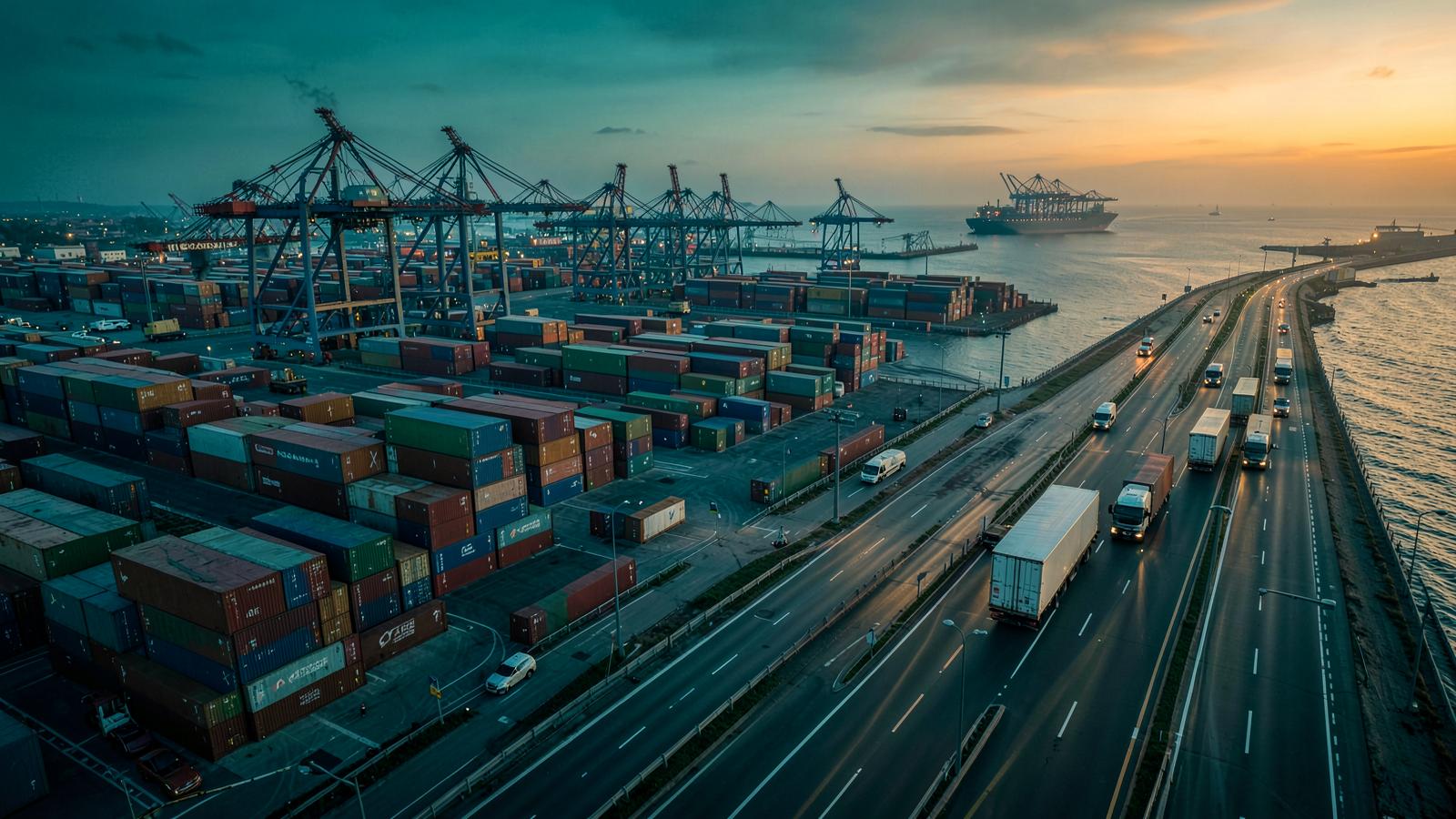 Puerto de contenedores y flota de transporte de carga